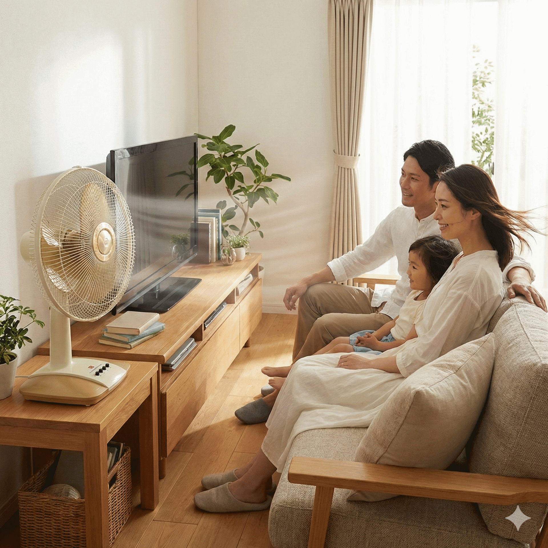 Một gia đình đang tận hưởng sự mát mẻ với quạt điện để bàn KDK A40B(GD)