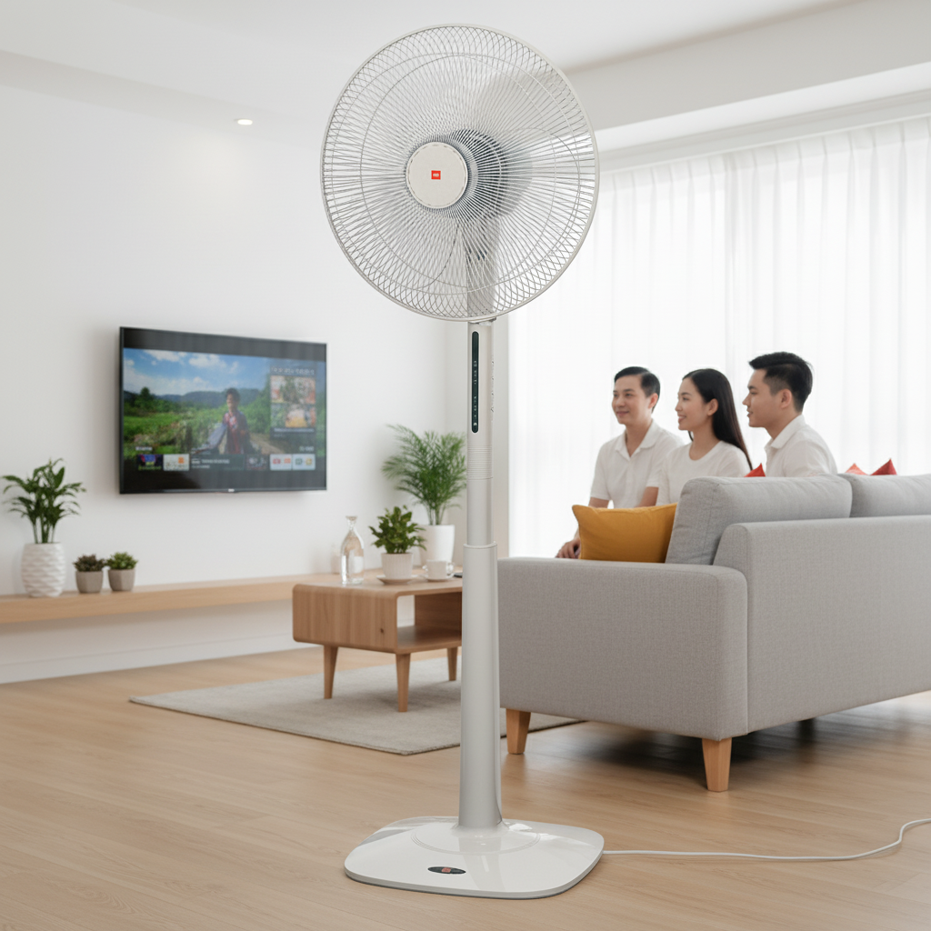 Một chiếc quạt đứng KDK M40K màu vàng sâm banh đang đứng giữa căn phòng trong gia đình