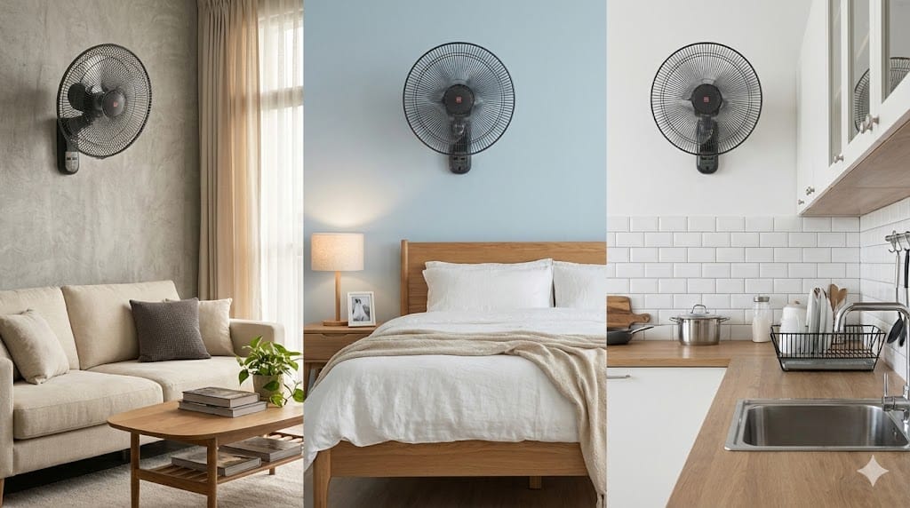 quạt treo tường phù hợp cho phòng khách, phòng ngủ và phòng bếp