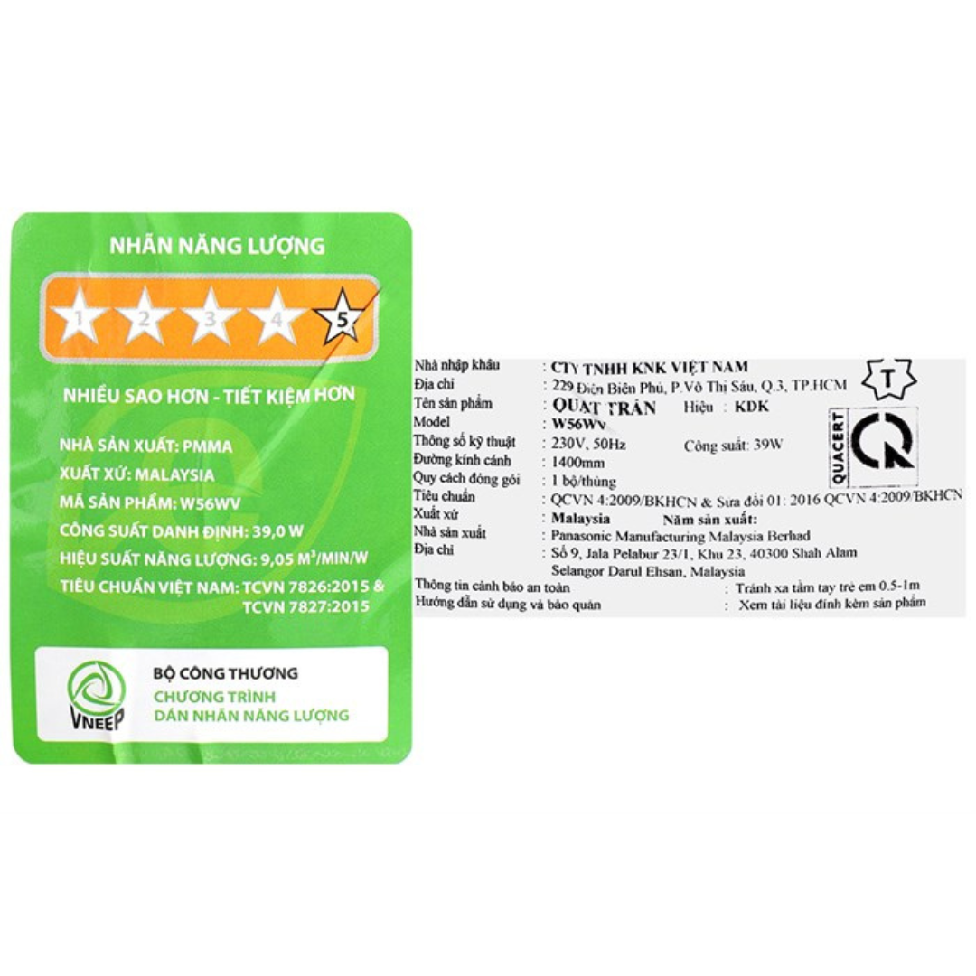 Nhãn dán 5 sao tiết kiệm điện cho quạt trần kdk W56WV màu đen