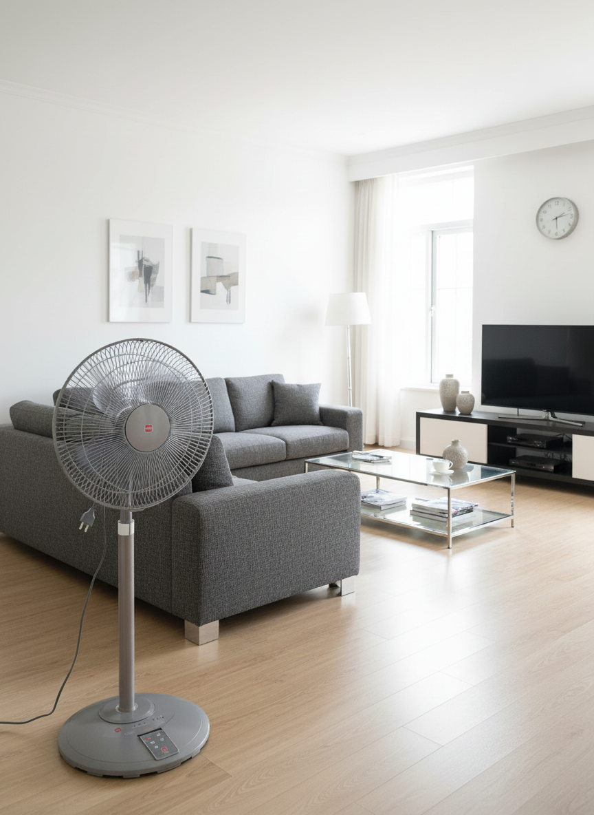 Một chiếc quạt KDK N30NH(BR) đang đứng ở giữa phòng khách