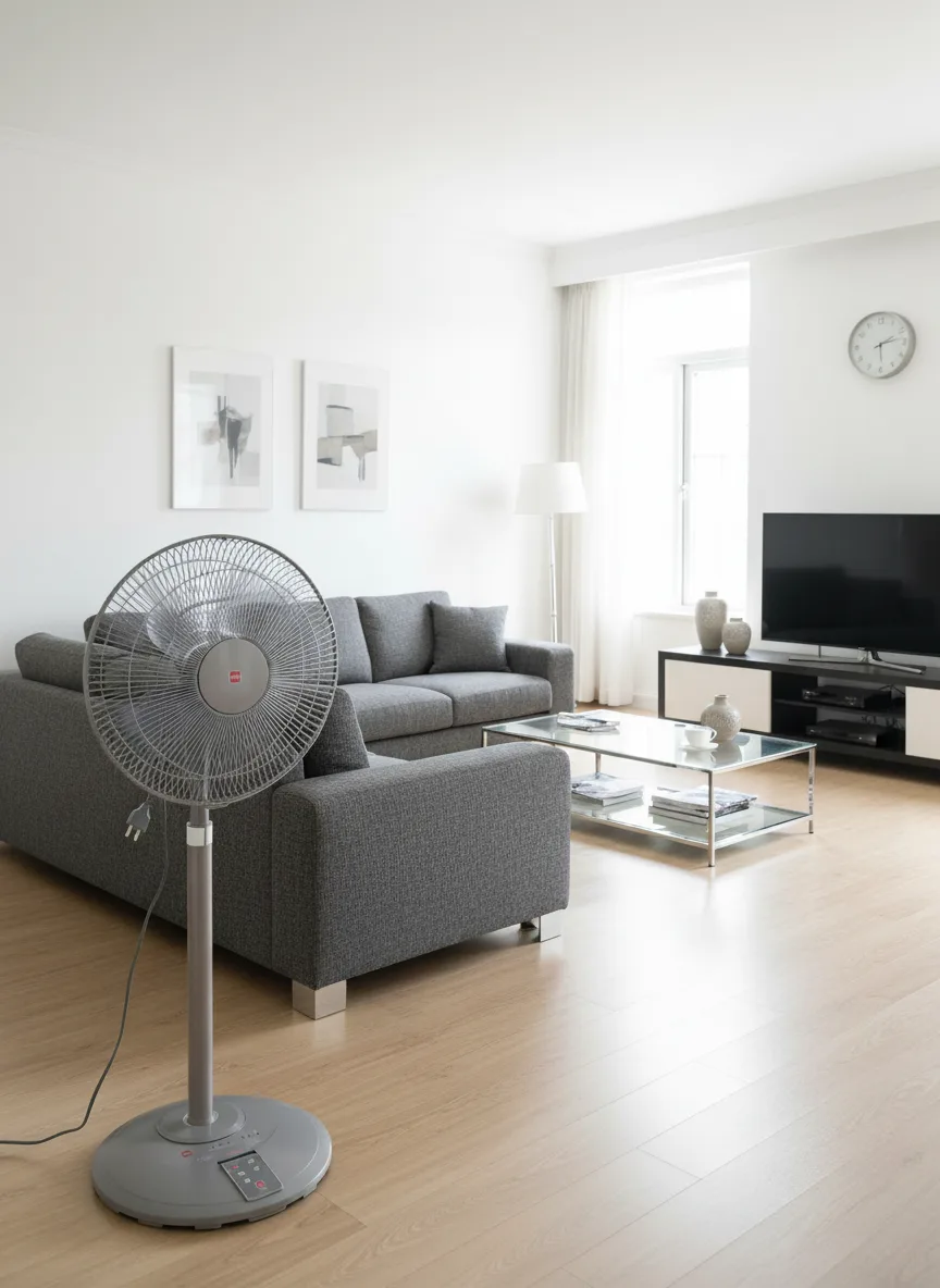 Một chiếc quạt KDK N30NH(BR) đang đứng ở giữa phòng khách