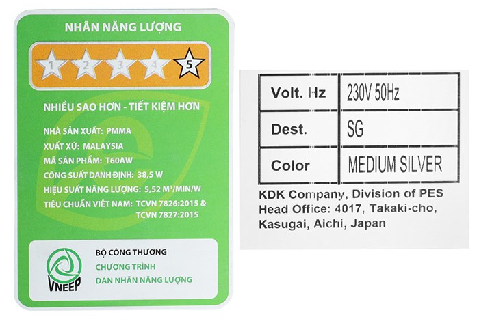 Nhãn năng lượng 5 sao tiết kiệm điện