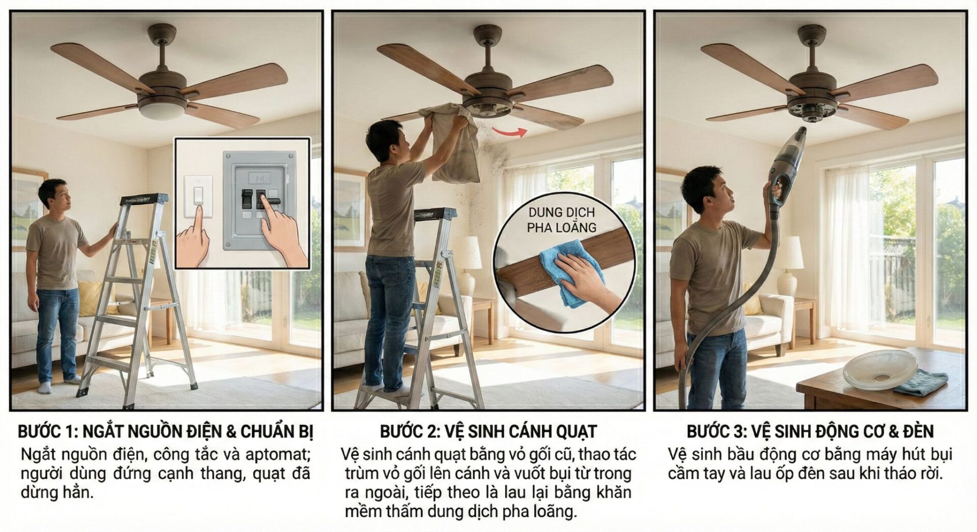 Một chàng trai đang vệ sinh quạt trần bằng khăn và máy hút bụi