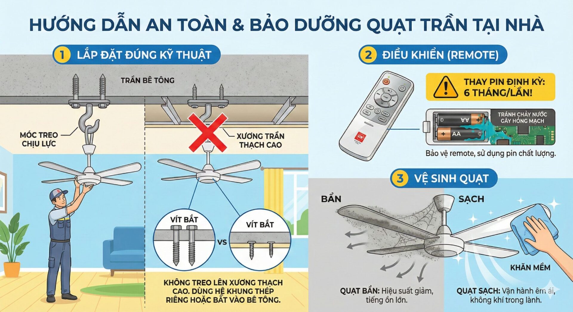 Infographic hướng dẫn an toàn và bảo dưỡng quạt trần tại nhà