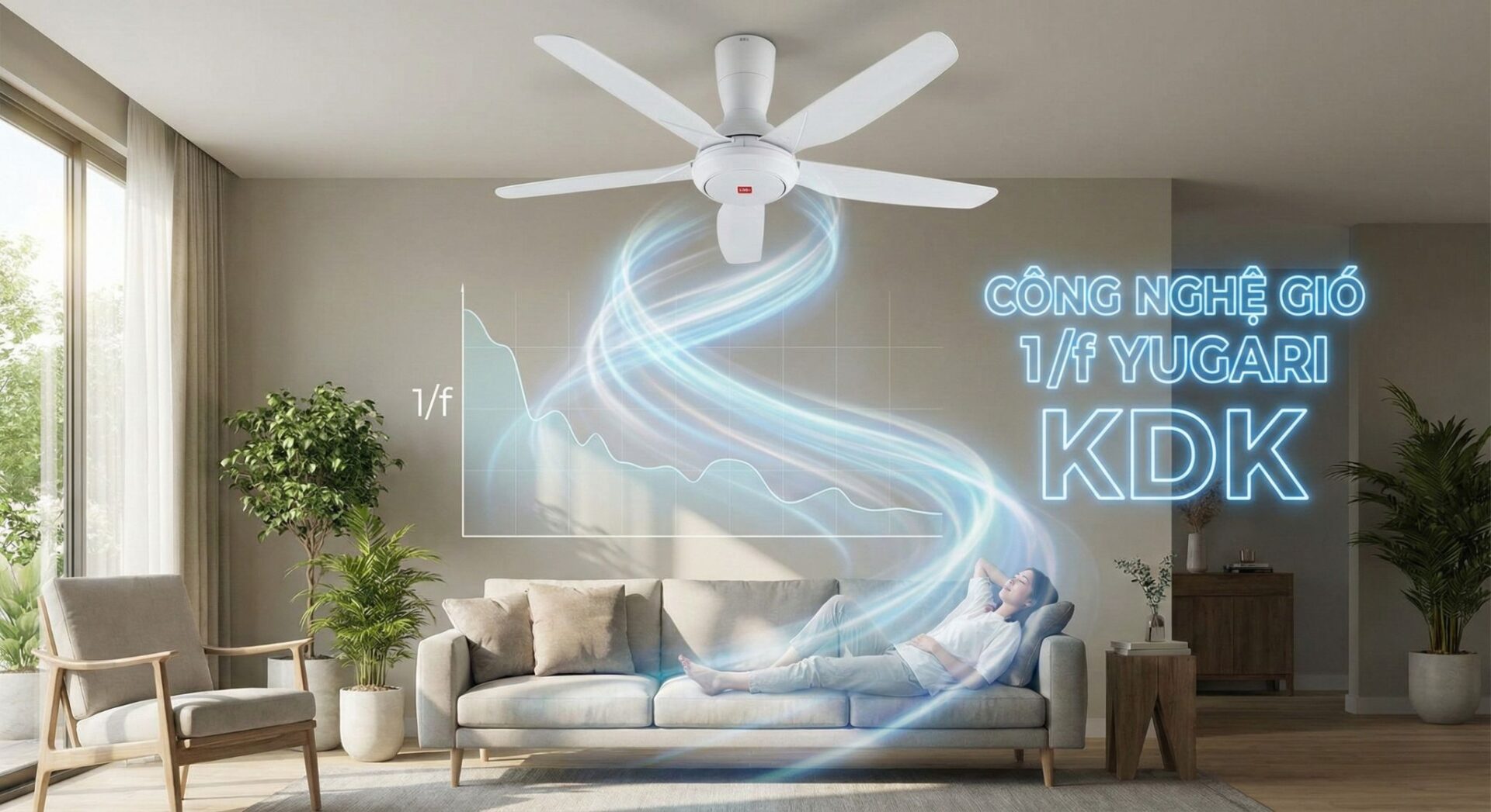 Quạt trần KDK đang treo trên trần sử dụng công nghệ 1/F Yugari