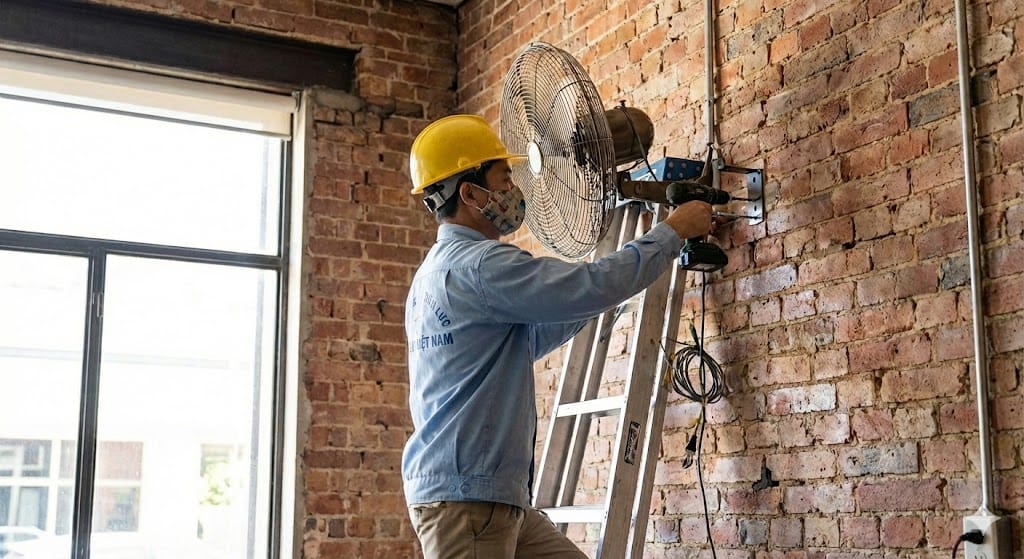 một người đàn ông Việt Nam đang lắp đặt quạt treo tường
